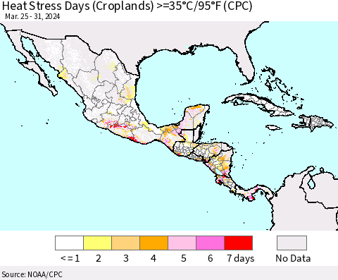 Mexico Central America and the Caribbean Heat Stress Days (Croplands) >=35°C/95°F (CPC) Thematic Map For 3/25/2024 - 3/31/2024