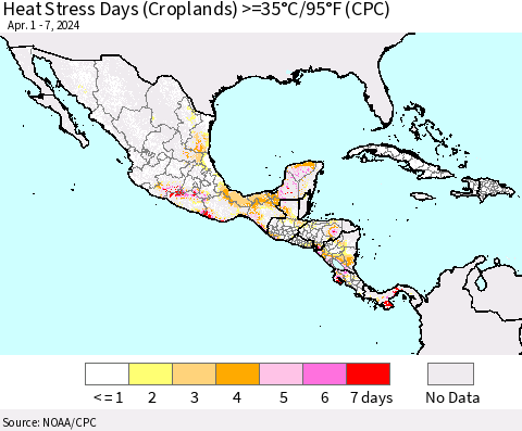 Mexico Central America and the Caribbean Heat Stress Days (Croplands) >=35°C/95°F (CPC) Thematic Map For 4/1/2024 - 4/7/2024