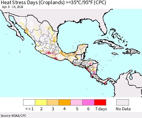 Mexico Central America and the Caribbean Heat Stress Days (Croplands) >=35°C/95°F (CPC) Thematic Map For 4/8/2024 - 4/14/2024