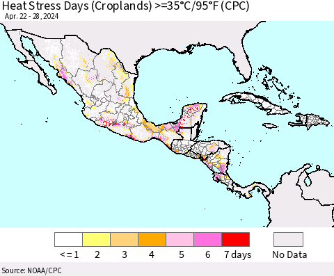 Mexico Central America and the Caribbean Heat Stress Days (Croplands) >=35°C/95°F (CPC) Thematic Map For 4/22/2024 - 4/28/2024