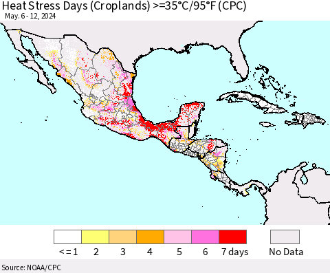 Mexico Central America and the Caribbean Heat Stress Days (Croplands) >=35°C/95°F (CPC) Thematic Map For 5/6/2024 - 5/12/2024