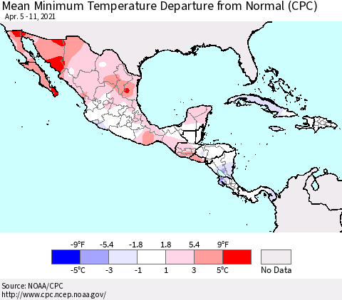 Mexico Central America and the Caribbean Mean Minimum Temperature Departure from Normal (CPC) Thematic Map For 4/5/2021 - 4/11/2021