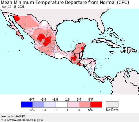 Mexico Central America and the Caribbean Mean Minimum Temperature Departure from Normal (CPC) Thematic Map For 4/12/2021 - 4/18/2021