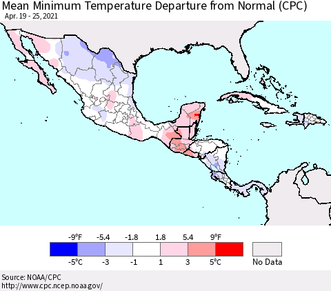 Mexico Central America and the Caribbean Mean Minimum Temperature Departure from Normal (CPC) Thematic Map For 4/19/2021 - 4/25/2021