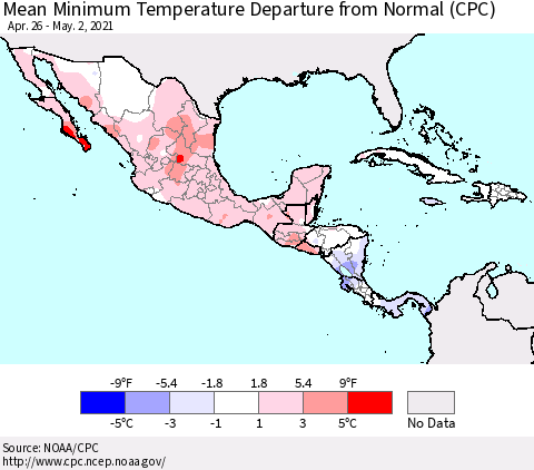 Mexico Central America and the Caribbean Mean Minimum Temperature Departure from Normal (CPC) Thematic Map For 4/26/2021 - 5/2/2021