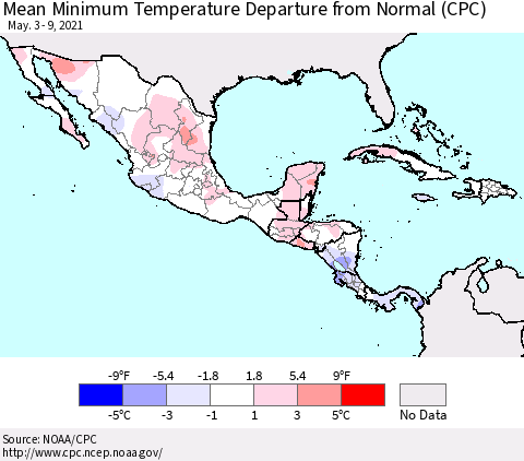 Mexico Central America and the Caribbean Mean Minimum Temperature Departure from Normal (CPC) Thematic Map For 5/3/2021 - 5/9/2021
