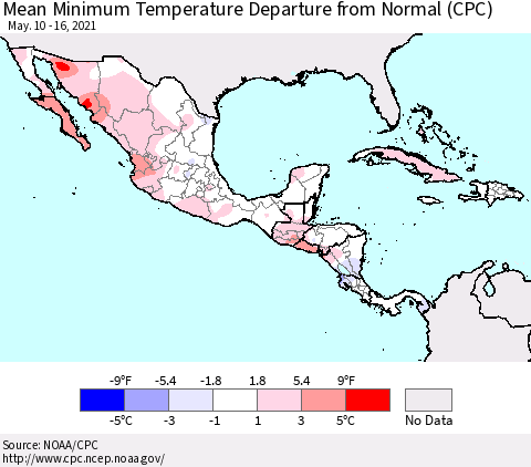 Mexico Central America and the Caribbean Mean Minimum Temperature Departure from Normal (CPC) Thematic Map For 5/10/2021 - 5/16/2021