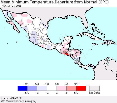Mexico Central America and the Caribbean Mean Minimum Temperature Departure from Normal (CPC) Thematic Map For 5/17/2021 - 5/23/2021