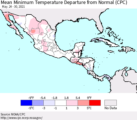 Mexico Central America and the Caribbean Mean Minimum Temperature Departure from Normal (CPC) Thematic Map For 5/24/2021 - 5/30/2021