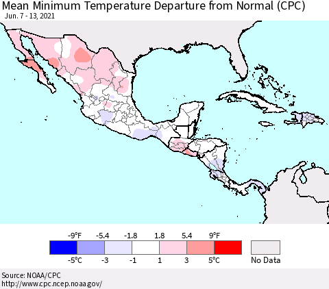 Mexico Central America and the Caribbean Mean Minimum Temperature Departure from Normal (CPC) Thematic Map For 6/7/2021 - 6/13/2021