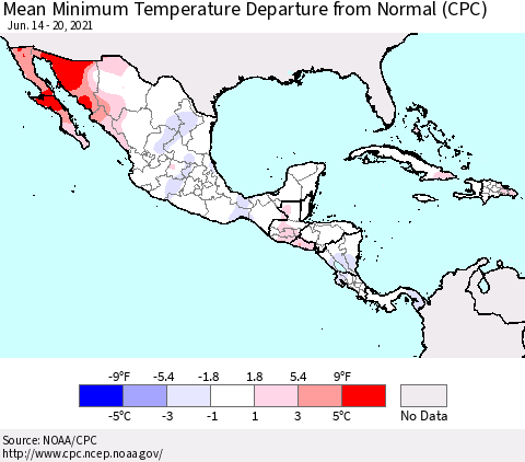 Mexico Central America and the Caribbean Mean Minimum Temperature Departure from Normal (CPC) Thematic Map For 6/14/2021 - 6/20/2021