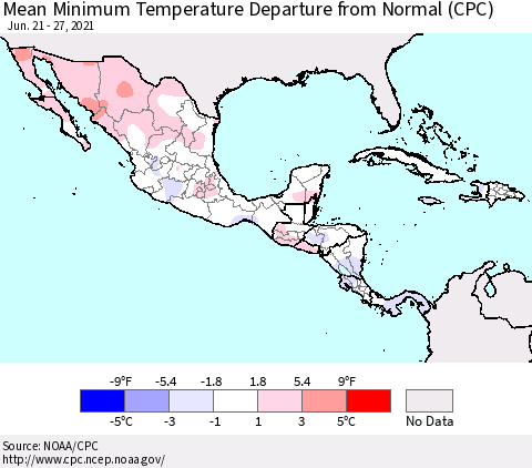 Mexico Central America and the Caribbean Mean Minimum Temperature Departure from Normal (CPC) Thematic Map For 6/21/2021 - 6/27/2021