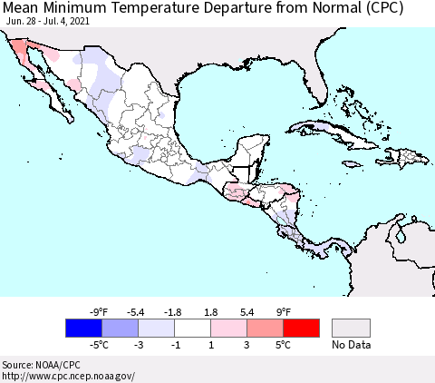 Mexico Central America and the Caribbean Mean Minimum Temperature Departure from Normal (CPC) Thematic Map For 6/28/2021 - 7/4/2021