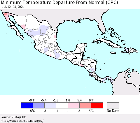 Mexico Central America and the Caribbean Mean Minimum Temperature Departure from Normal (CPC) Thematic Map For 7/12/2021 - 7/18/2021