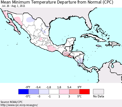 Mexico Central America and the Caribbean Mean Minimum Temperature Departure from Normal (CPC) Thematic Map For 7/26/2021 - 8/1/2021