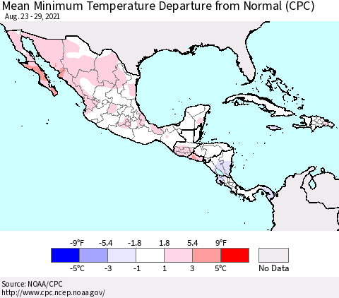 Mexico Central America and the Caribbean Mean Minimum Temperature Departure from Normal (CPC) Thematic Map For 8/23/2021 - 8/29/2021