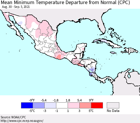 Mexico Central America and the Caribbean Mean Minimum Temperature Departure from Normal (CPC) Thematic Map For 8/30/2021 - 9/5/2021