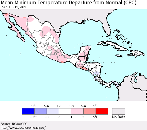 Mexico Central America and the Caribbean Mean Minimum Temperature Departure from Normal (CPC) Thematic Map For 9/13/2021 - 9/19/2021