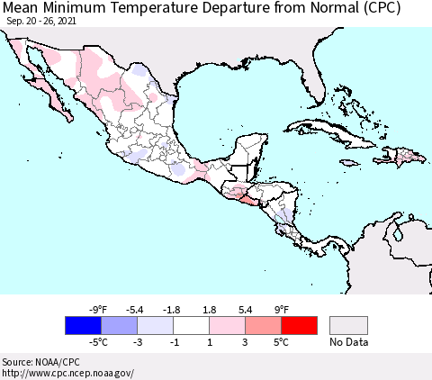 Mexico Central America and the Caribbean Mean Minimum Temperature Departure from Normal (CPC) Thematic Map For 9/20/2021 - 9/26/2021