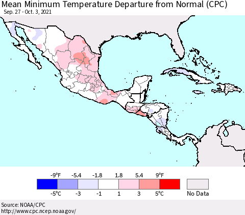 Mexico Central America and the Caribbean Mean Minimum Temperature Departure from Normal (CPC) Thematic Map For 9/27/2021 - 10/3/2021