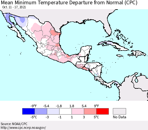 Mexico Central America and the Caribbean Mean Minimum Temperature Departure from Normal (CPC) Thematic Map For 10/11/2021 - 10/17/2021