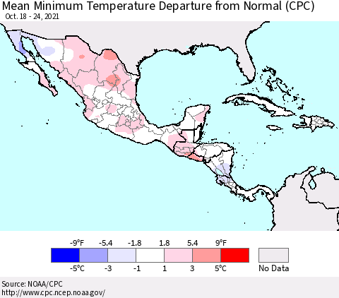 Mexico Central America and the Caribbean Mean Minimum Temperature Departure from Normal (CPC) Thematic Map For 10/18/2021 - 10/24/2021