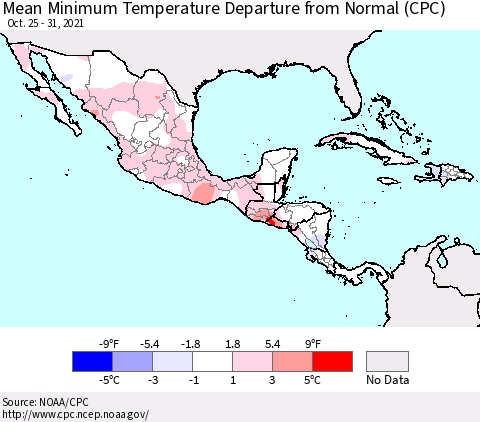 Mexico Central America and the Caribbean Mean Minimum Temperature Departure from Normal (CPC) Thematic Map For 10/25/2021 - 10/31/2021