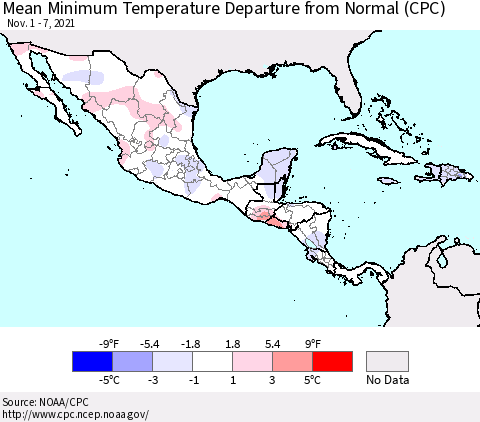 Mexico Central America and the Caribbean Mean Minimum Temperature Departure from Normal (CPC) Thematic Map For 11/1/2021 - 11/7/2021