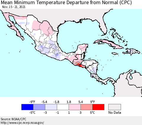Mexico Central America and the Caribbean Mean Minimum Temperature Departure from Normal (CPC) Thematic Map For 11/15/2021 - 11/21/2021