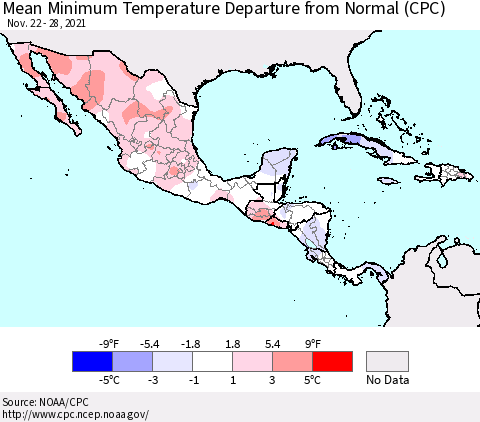 Mexico Central America and the Caribbean Mean Minimum Temperature Departure from Normal (CPC) Thematic Map For 11/22/2021 - 11/28/2021