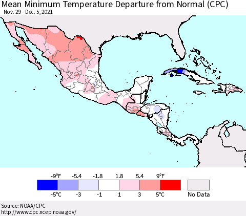 Mexico Central America and the Caribbean Mean Minimum Temperature Departure from Normal (CPC) Thematic Map For 11/29/2021 - 12/5/2021