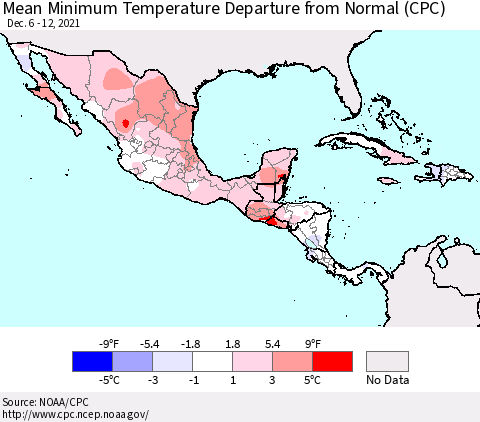 Mexico Central America and the Caribbean Mean Minimum Temperature Departure from Normal (CPC) Thematic Map For 12/6/2021 - 12/12/2021