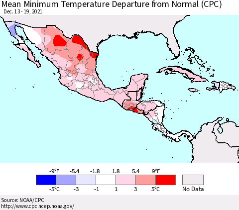Mexico Central America and the Caribbean Mean Minimum Temperature Departure from Normal (CPC) Thematic Map For 12/13/2021 - 12/19/2021