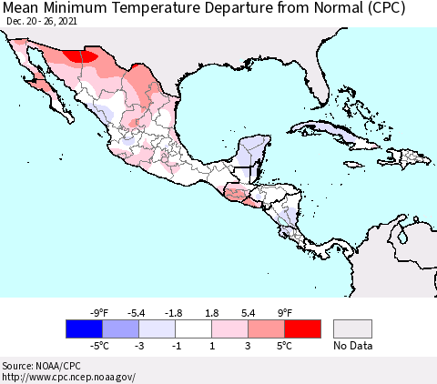 Mexico Central America and the Caribbean Mean Minimum Temperature Departure from Normal (CPC) Thematic Map For 12/20/2021 - 12/26/2021