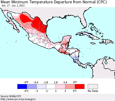 Mexico Central America and the Caribbean Mean Minimum Temperature Departure from Normal (CPC) Thematic Map For 12/27/2021 - 1/2/2022