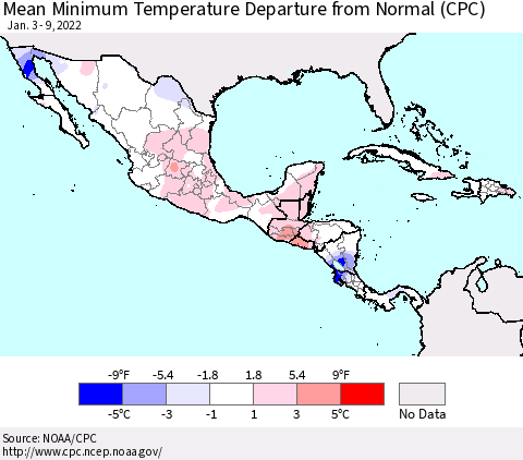Mexico Central America and the Caribbean Mean Minimum Temperature Departure from Normal (CPC) Thematic Map For 1/3/2022 - 1/9/2022