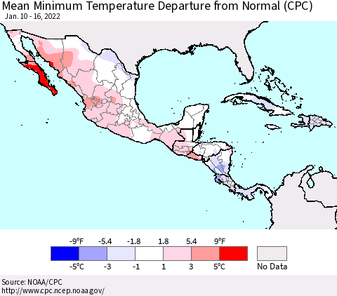 Mexico Central America and the Caribbean Mean Minimum Temperature Departure from Normal (CPC) Thematic Map For 1/10/2022 - 1/16/2022
