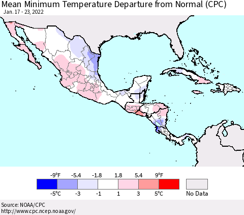 Mexico Central America and the Caribbean Mean Minimum Temperature Departure from Normal (CPC) Thematic Map For 1/17/2022 - 1/23/2022