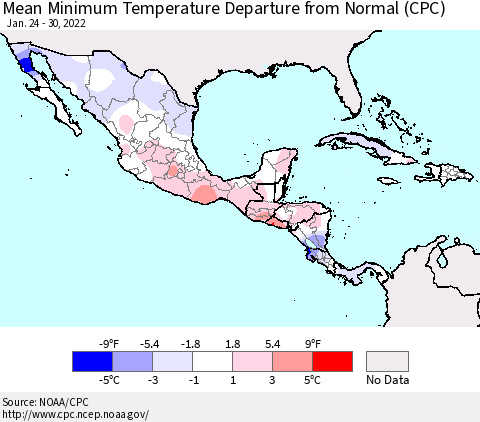 Mexico Central America and the Caribbean Mean Minimum Temperature Departure from Normal (CPC) Thematic Map For 1/24/2022 - 1/30/2022