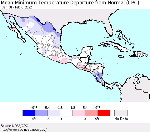 Mexico Central America and the Caribbean Mean Minimum Temperature Departure from Normal (CPC) Thematic Map For 1/31/2022 - 2/6/2022