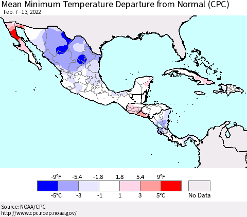 Mexico Central America and the Caribbean Mean Minimum Temperature Departure from Normal (CPC) Thematic Map For 2/7/2022 - 2/13/2022