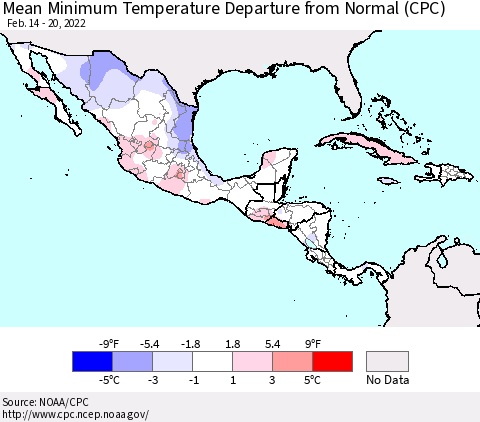 Mexico Central America and the Caribbean Mean Minimum Temperature Departure from Normal (CPC) Thematic Map For 2/14/2022 - 2/20/2022