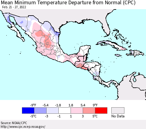 Mexico Central America and the Caribbean Mean Minimum Temperature Departure from Normal (CPC) Thematic Map For 2/21/2022 - 2/27/2022