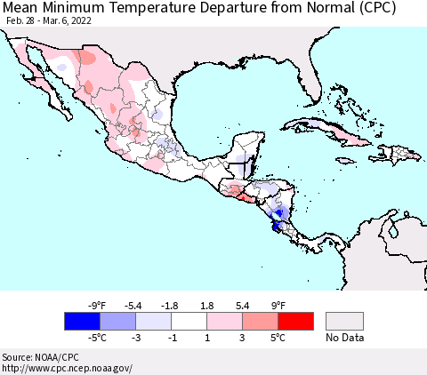 Mexico Central America and the Caribbean Mean Minimum Temperature Departure from Normal (CPC) Thematic Map For 2/28/2022 - 3/6/2022