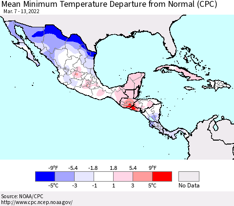 Mexico Central America and the Caribbean Mean Minimum Temperature Departure from Normal (CPC) Thematic Map For 3/7/2022 - 3/13/2022