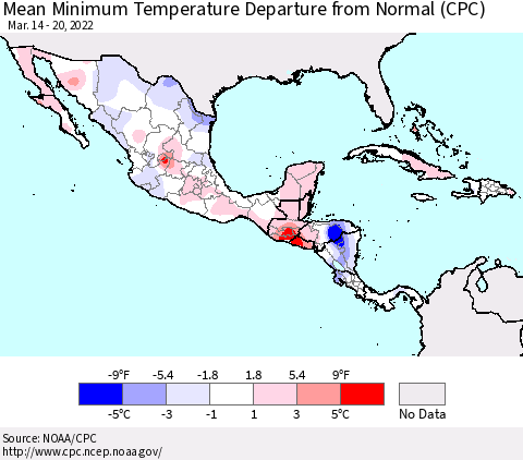 Mexico Central America and the Caribbean Mean Minimum Temperature Departure from Normal (CPC) Thematic Map For 3/14/2022 - 3/20/2022