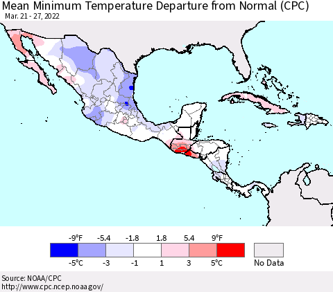 Mexico Central America and the Caribbean Mean Minimum Temperature Departure from Normal (CPC) Thematic Map For 3/21/2022 - 3/27/2022