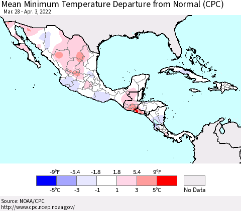 Mexico Central America and the Caribbean Mean Minimum Temperature Departure from Normal (CPC) Thematic Map For 3/28/2022 - 4/3/2022