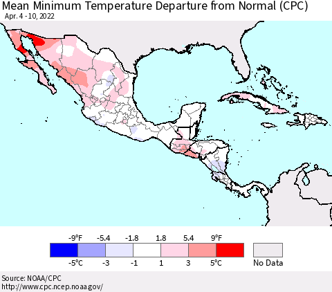 Mexico Central America and the Caribbean Mean Minimum Temperature Departure from Normal (CPC) Thematic Map For 4/4/2022 - 4/10/2022