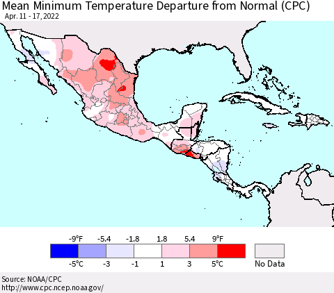 Mexico Central America and the Caribbean Mean Minimum Temperature Departure from Normal (CPC) Thematic Map For 4/11/2022 - 4/17/2022